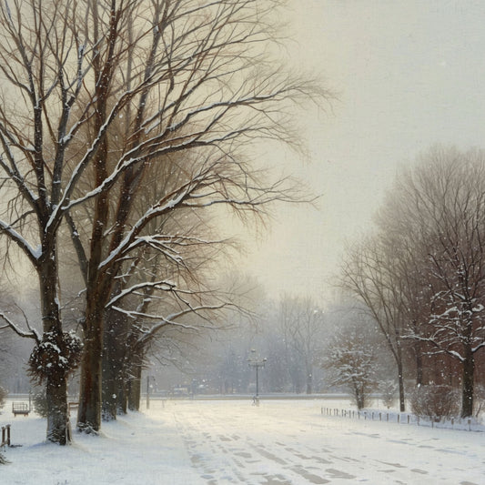 Winter schilderij met ijzig mistig laantje, kale bomen aan weerszijden bedekt met sneeuw en een spookachtige witte mist die het einde van het pad verbergt – olieverf wall art print

