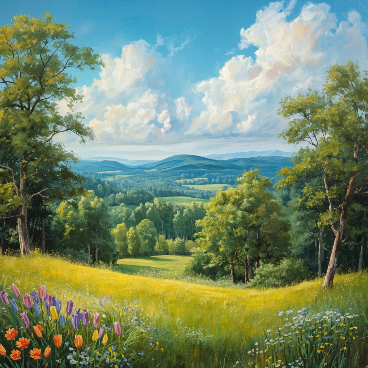 Zomer natuur schilderij met weelderig heuvellandschap, groene weiden vol bloemen, bomen op de voorgrond en stralend blauwe lucht met witte wolken – olieverf wall art print
