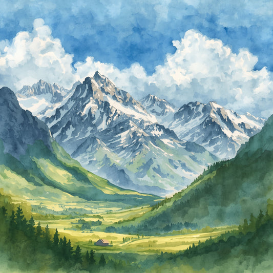 Natuur schilderij met majestueus alpenlandschap, besneeuwde bergtoppen, groene vallei op de voorgrond en dramatische wolkenlucht – aquarel wall art print
