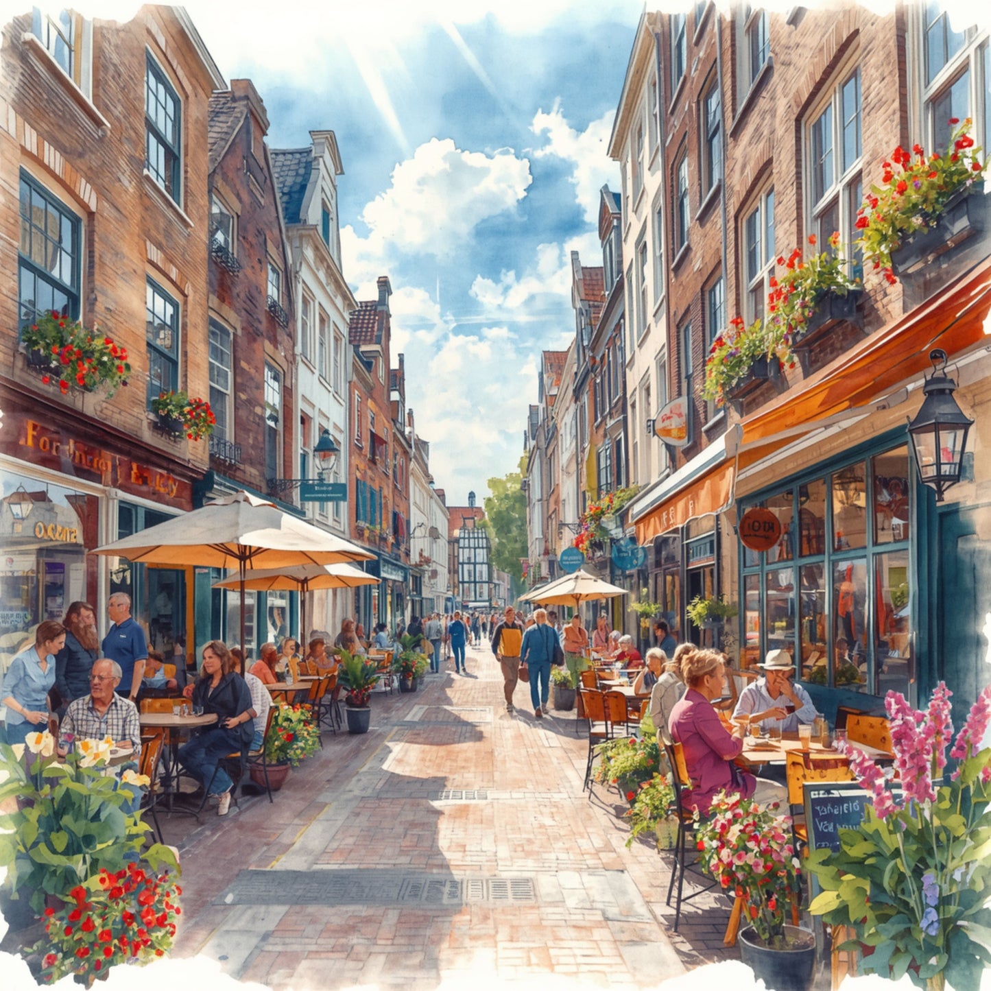 Den Haag zomers terras schilderij met bloemen, parasols, gezellige mensen en historische gevels – aquarel cityscape wall art print
