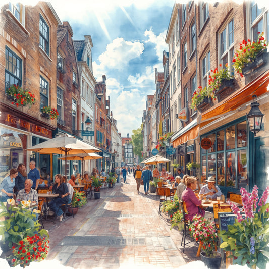 Den Haag zomers terras schilderij met bloemen, parasols, gezellige mensen en historische gevels – aquarel cityscape wall art print
