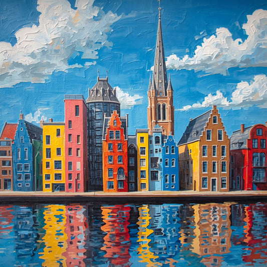 Schilderij met kleurrijke roze, gele en blauwe Eindhovense gevels weerspiegeld in het water met gotische kerktoren en stralend blauwe lucht – pop-art cityscape wall art print
