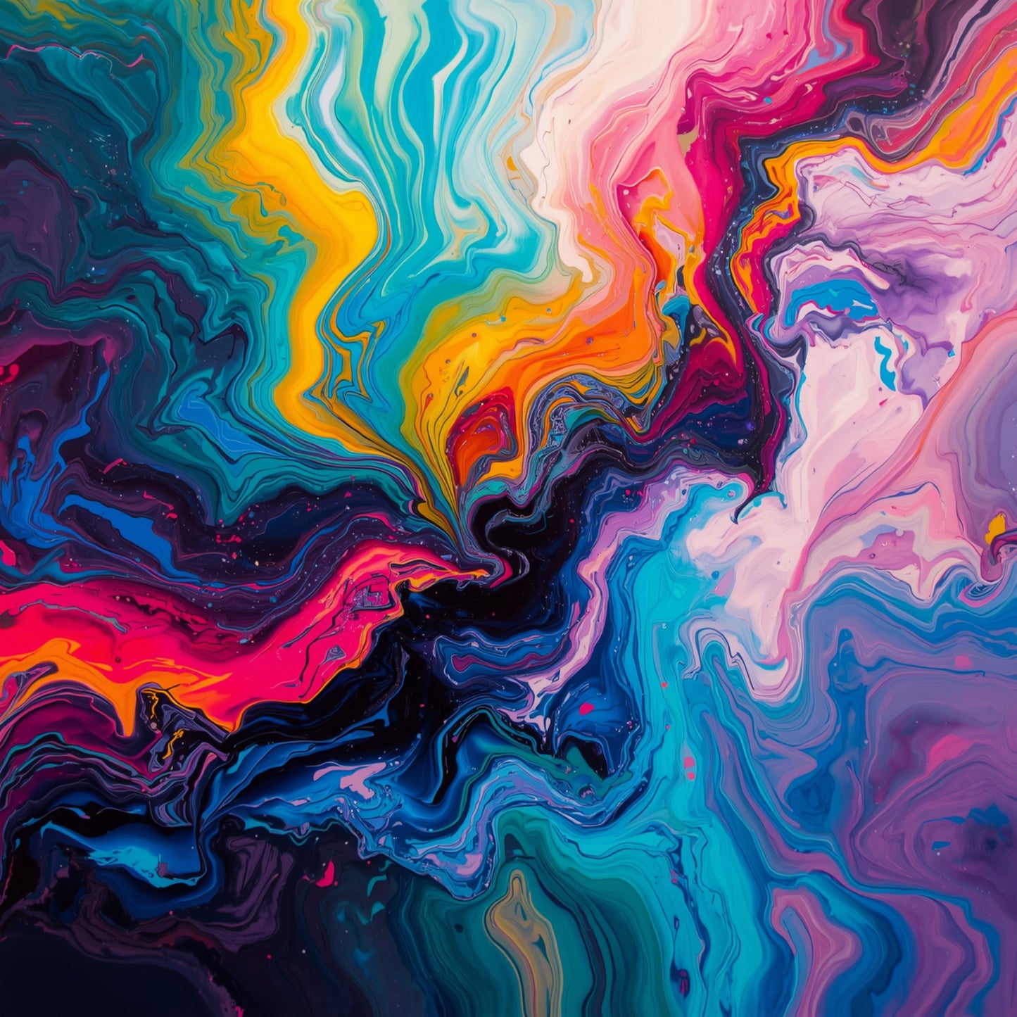 Abstract schilderij met explosieve kleurenmix van turquoise, roze, oranje en paars in vloeiende organische vormen – moderne wall art print
