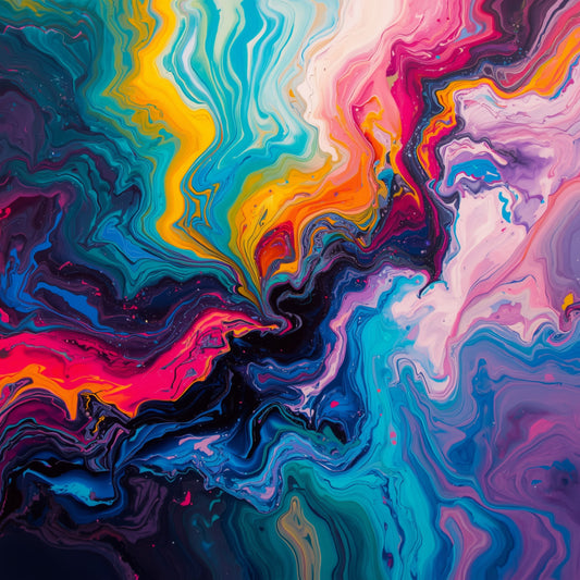 Abstract schilderij met explosieve kleurenmix van turquoise, roze, oranje en paars in vloeiende organische vormen – moderne wall art print
