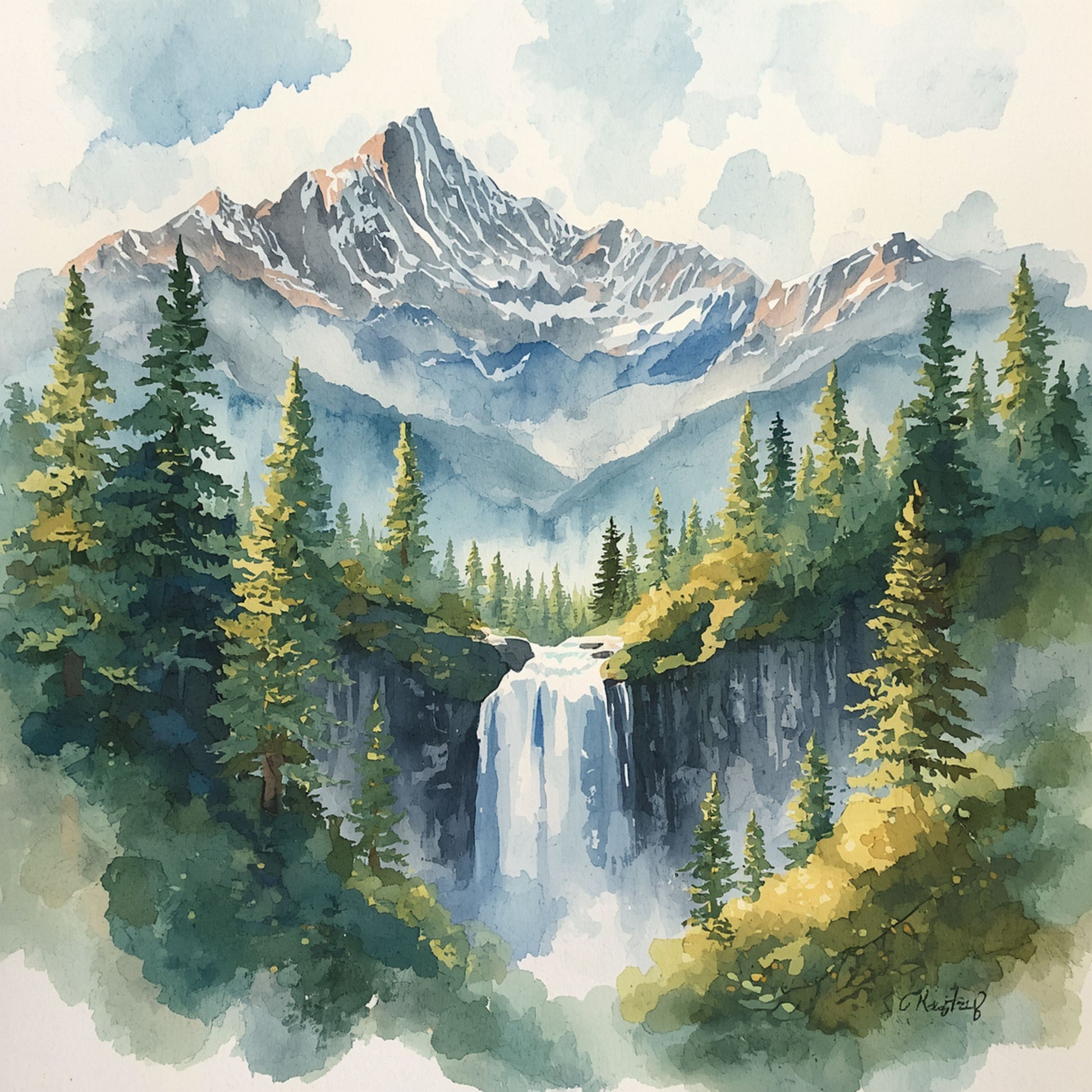 Natuur schilderij met dramatisch berglandschap, bruisende waterval, hoge dennenbomen en mistige bergtoppen in aquarelstijl – wall art print
