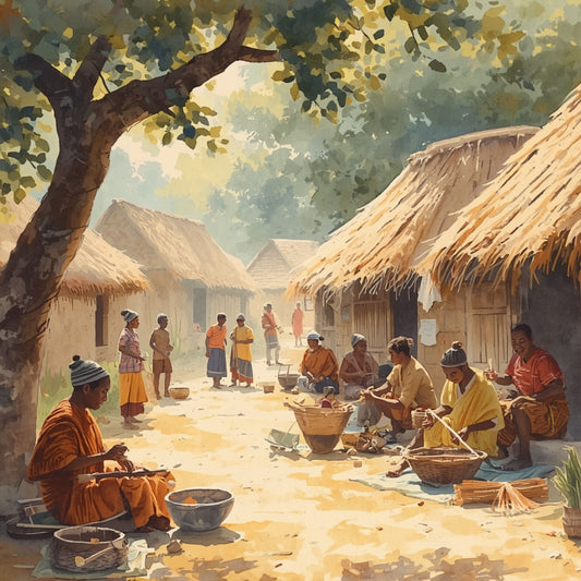 Afrika schilderij met warm dorpstafereel, rieten hutten, mensen in kleurrijke gewaden onder grote boom en gouden zonnig licht – aquarel wall art print
