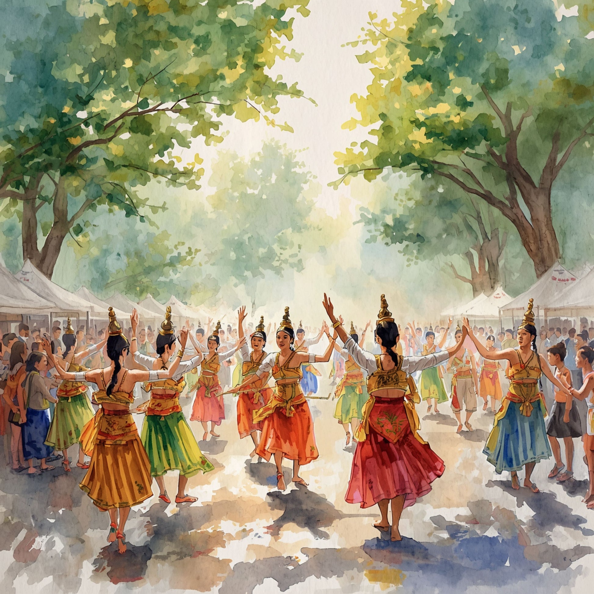 Schilderij met levendig danstafereel, vrouwen in felgekleurde jurken die dansen onder groene bomen in zacht gefilterd licht – aquarel wall art print
