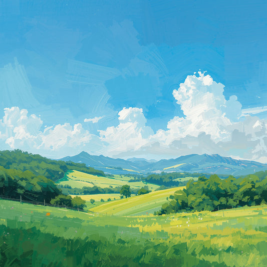 Natuur schilderij met sereen zomers heuvellandschap, groene weiden, gele bloemen op de voorgrond en stralend blauwe lucht met witte wolken – olieverf wall art print
