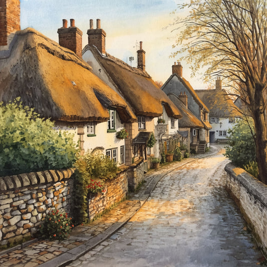Schilderij met sfeervol Engels dorpsstraatje, rieten daken op stenen huisjes, stenen muurtjes langs de weg en warme herfstsfeer – olieverf wall art print
