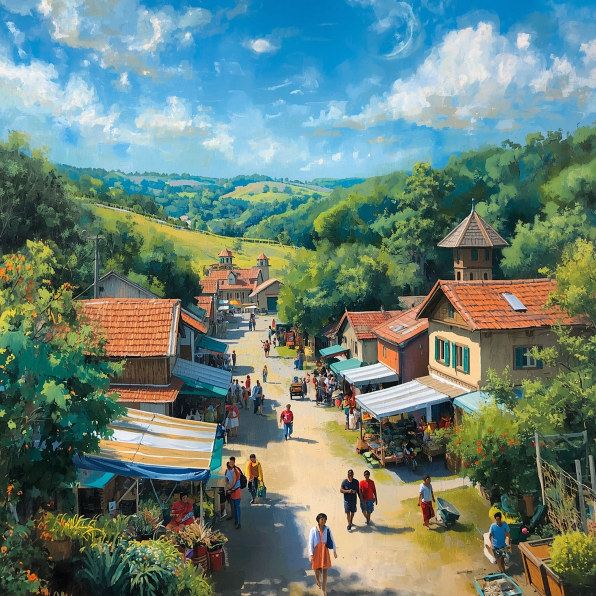 Schilderij met kleurrijk dorpsgezicht, groene glooiende heuvels, oranje daken, mensen op een zonnig pad en stralend blauwe lucht – levendig wall art print

