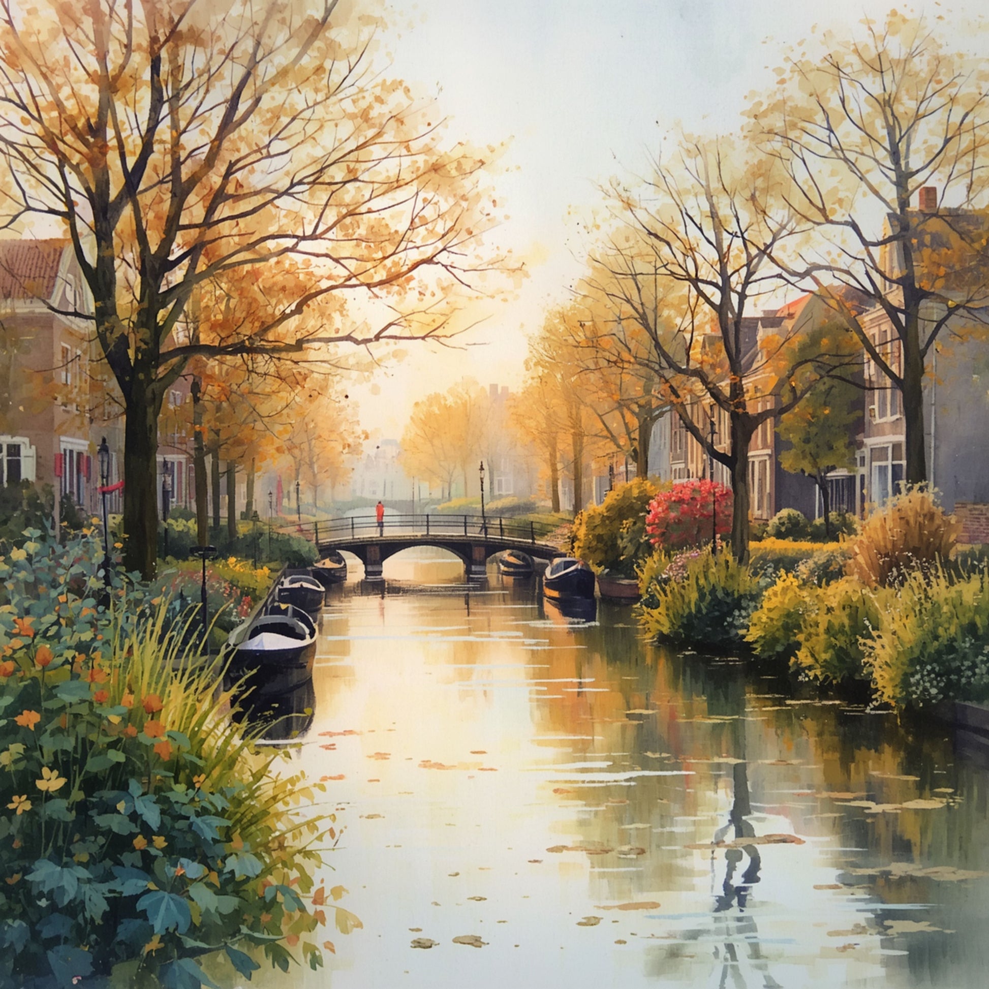 Den Haag gracht schilderij met gouden herfstbomen, boten, stenen brug en ochtendzon – aquarel cityscape wall art print
