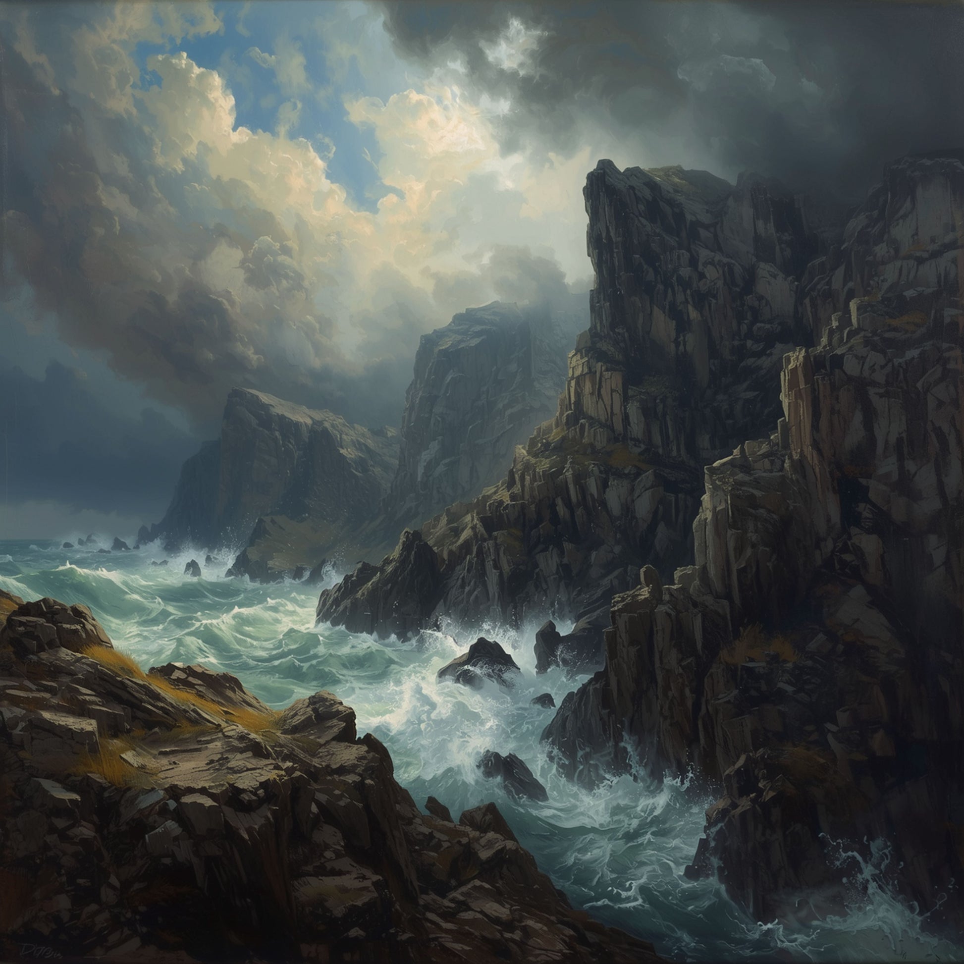 Schilderij met dramatische kliffen, kolkende golven die tegen donkere rotsen slaan en een dreigende bewolkte stormlucht – romantisch natuur wall art print
