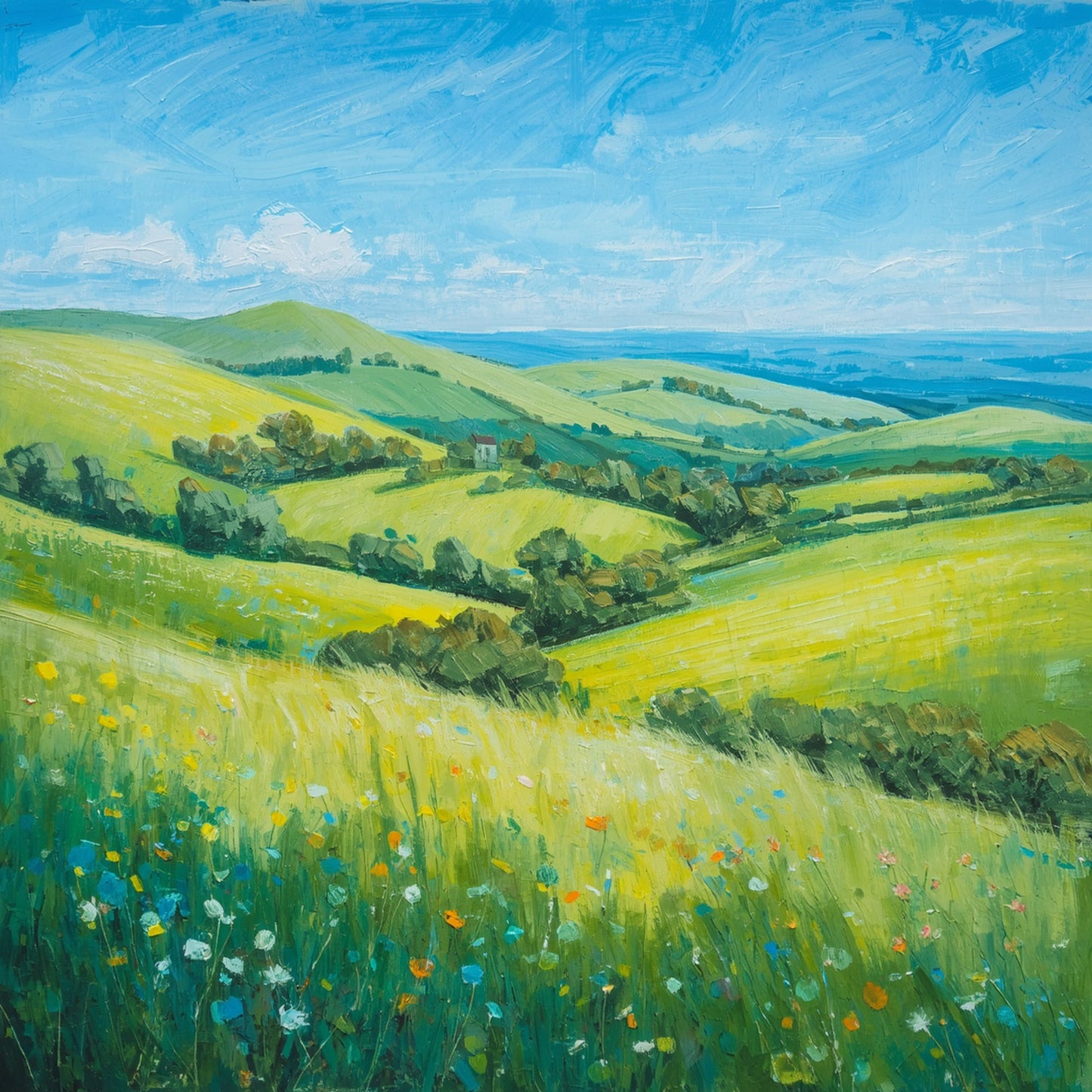 Schilderij met weelderige groene glooiende heuvels, bloeiende gele en witte weiden en een stralend blauwe lucht in zomers daglicht – natuur wall art print
