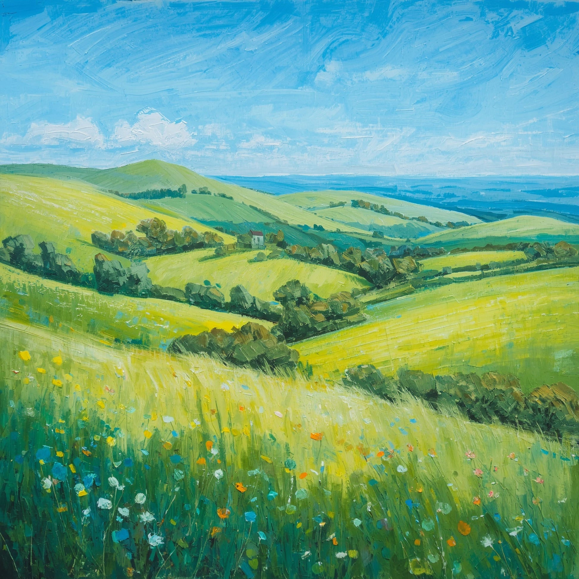 Schilderij met weelderige groene glooiende heuvels, bloeiende gele en witte weiden en een stralend blauwe lucht in zomers daglicht – natuur wall art print
