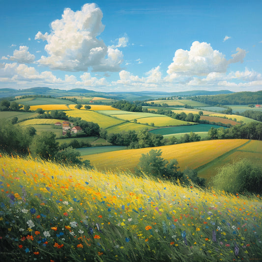 Schilderij met golvende gele en groene velden die zich uitstrekken tot de horizon onder een dramatische blauwe wolkenlucht – warm landschap wall art print
