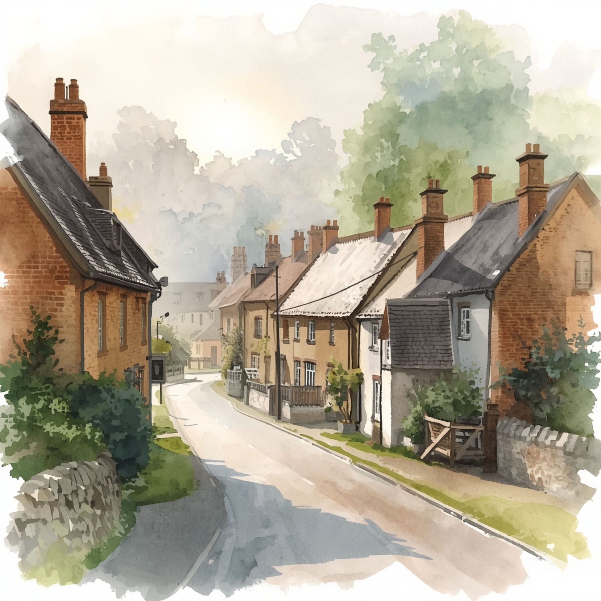 Aquarel schilderij van een rustig Engels straatje met bakstenen huisjes, zachte mistsfeer en stille ochtendverlichting – nostalgisch cottage wall art print
