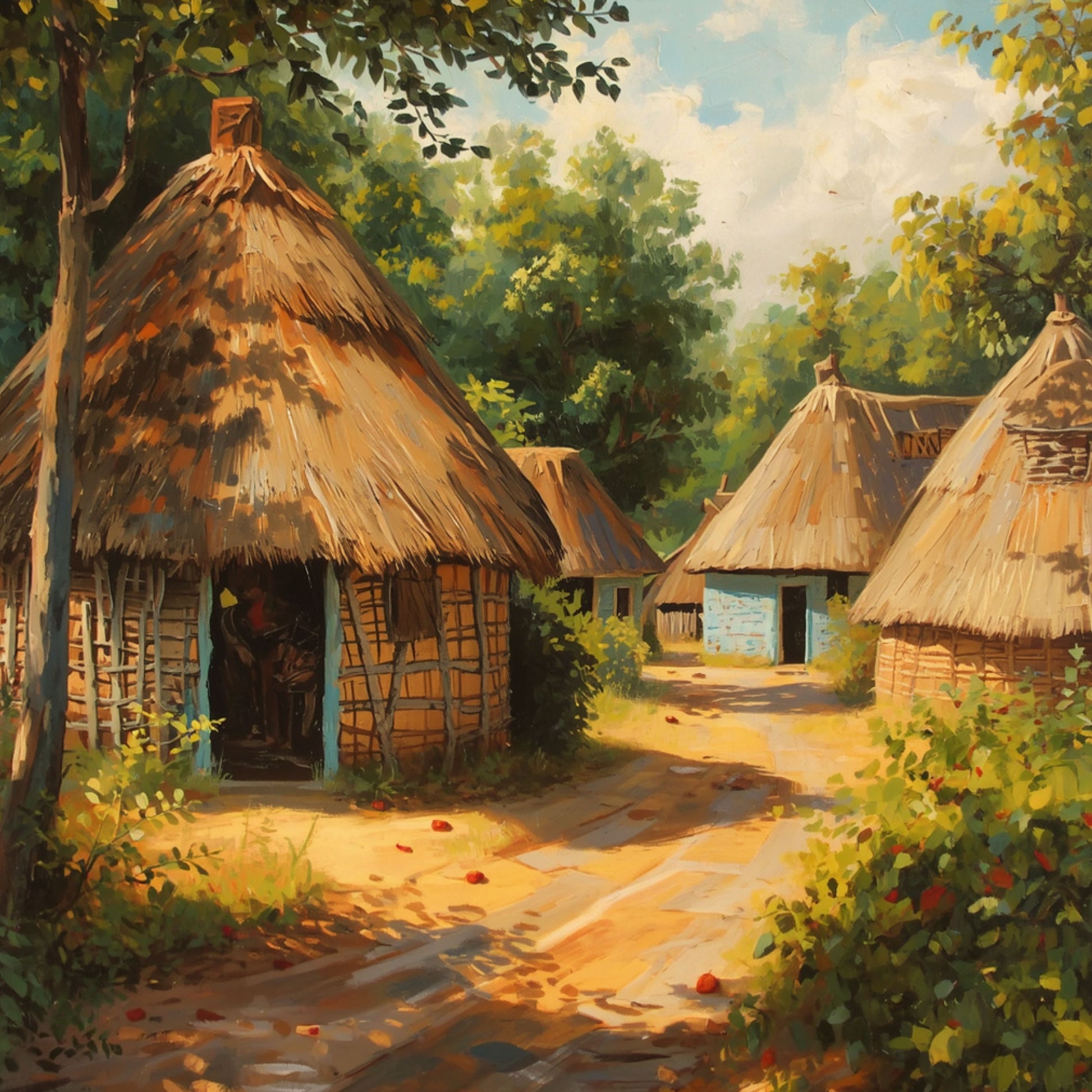 Schilderij met authentieke Afrikaanse ronde hutten met rieten daken omringd door weelderig groen en gouden aarden paden in warm zonlicht – etnisch wall art print
