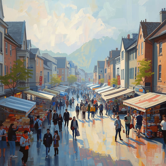 Schilderij met drukke Europese marktstraat, mensen die flaneren langs marktkraampjes, kleurrijke gevels en een zonnige blauwe lucht – impressionistisch wall art print

