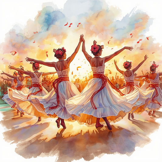 Aquarel schilderij met dansende vrouwen in witte jurken die hun armen heffen onder een warme gouden zonsondergang – vreugdevol figuratief wall art print

