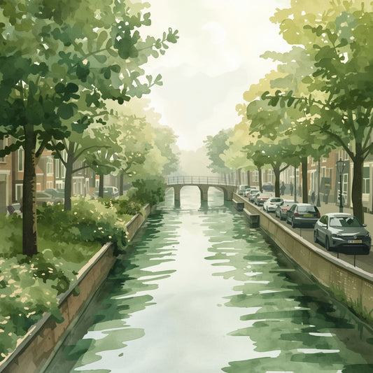 Alkmaar schilderij in groene, rustige en minimalistische stijl – moderne wanddecoratie voor een serene sfeer