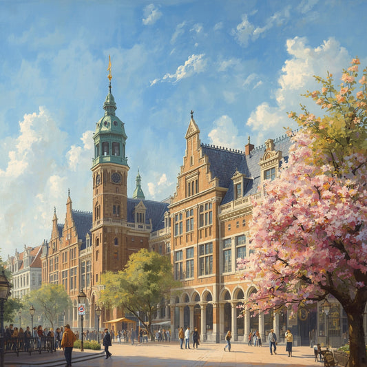 Den Haag stadhuis schilderij met kersenbloesem, groene toren en lentezon – olieverf cityscape wall art print
