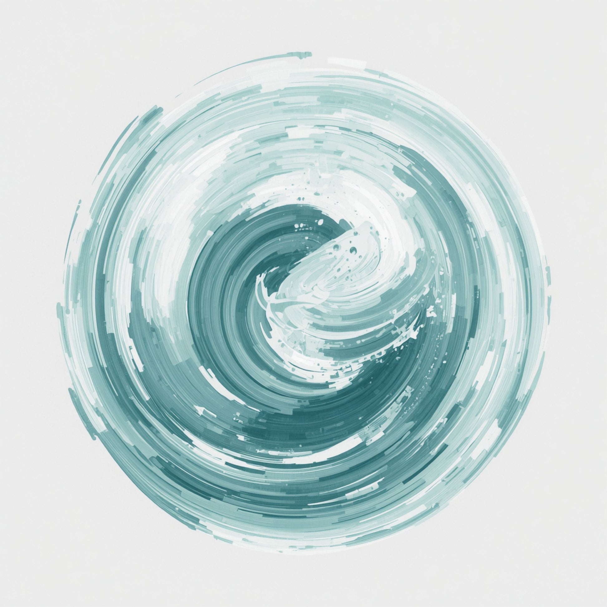 Abstract teal swirl schilderij met grote vloeiende spiraalvorm opgebouwd uit losse teal en ijsblauw penseelstreken met wit stralend middelpunt op lichte witte achtergrond – abstract wall art print

