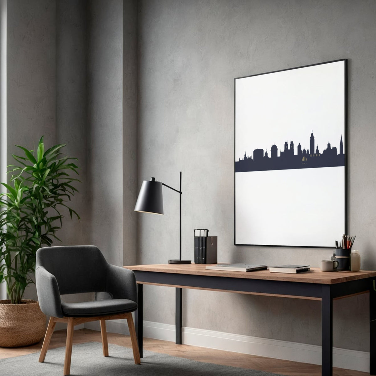 Minimalistisches Skyline-Silhouetten-Gemälde – Schmale schwarze Leinwand Diele