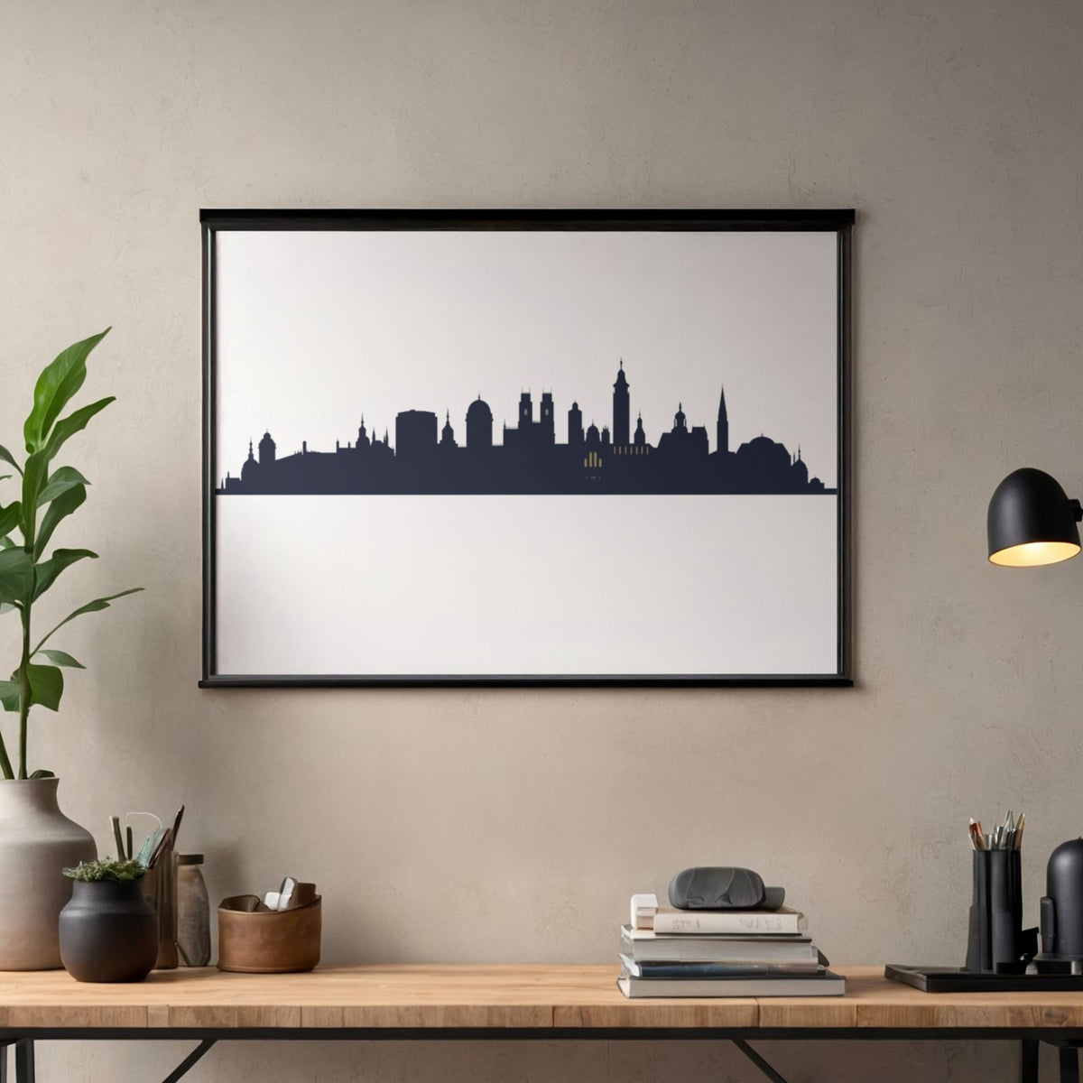 Minimalistisches Skyline-Silhouetten-Gemälde – Schmale schwarze Leinwand Diele