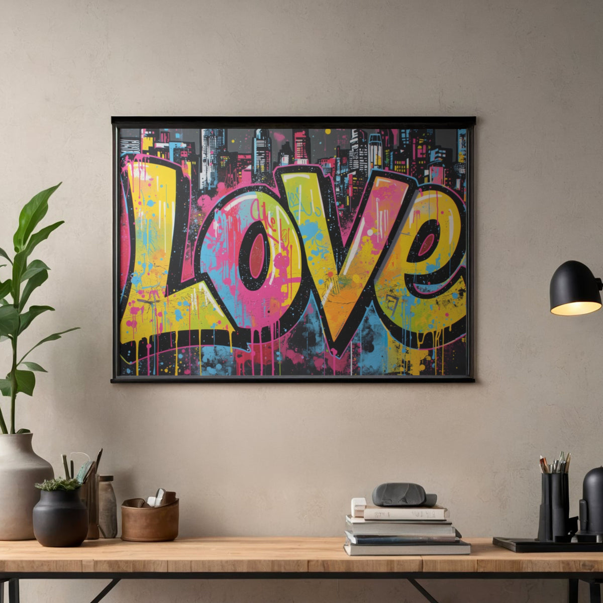 LOVE Graffiti Schilderij — Neon Skyline Urban Canvas Gang