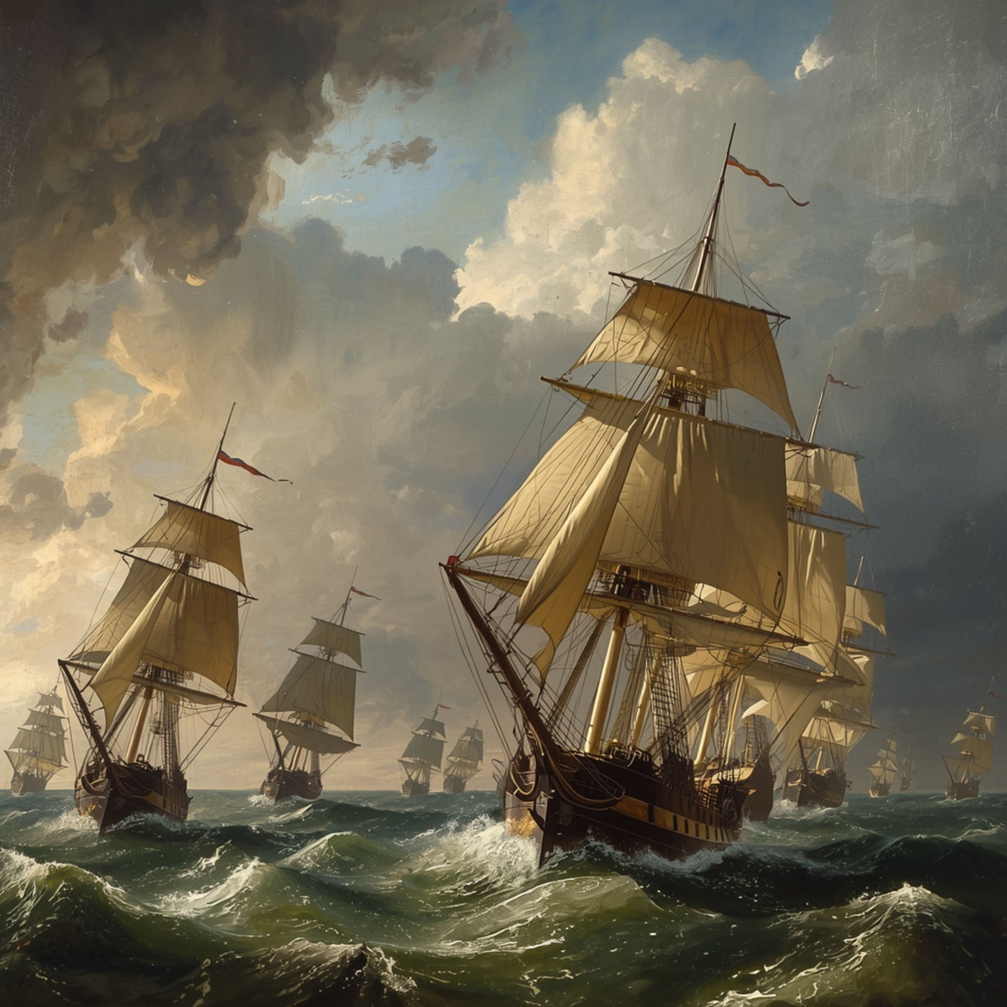Zeilschip Schilderij – Vloot Klassieke Driemaster Schepen op Woelige Zee