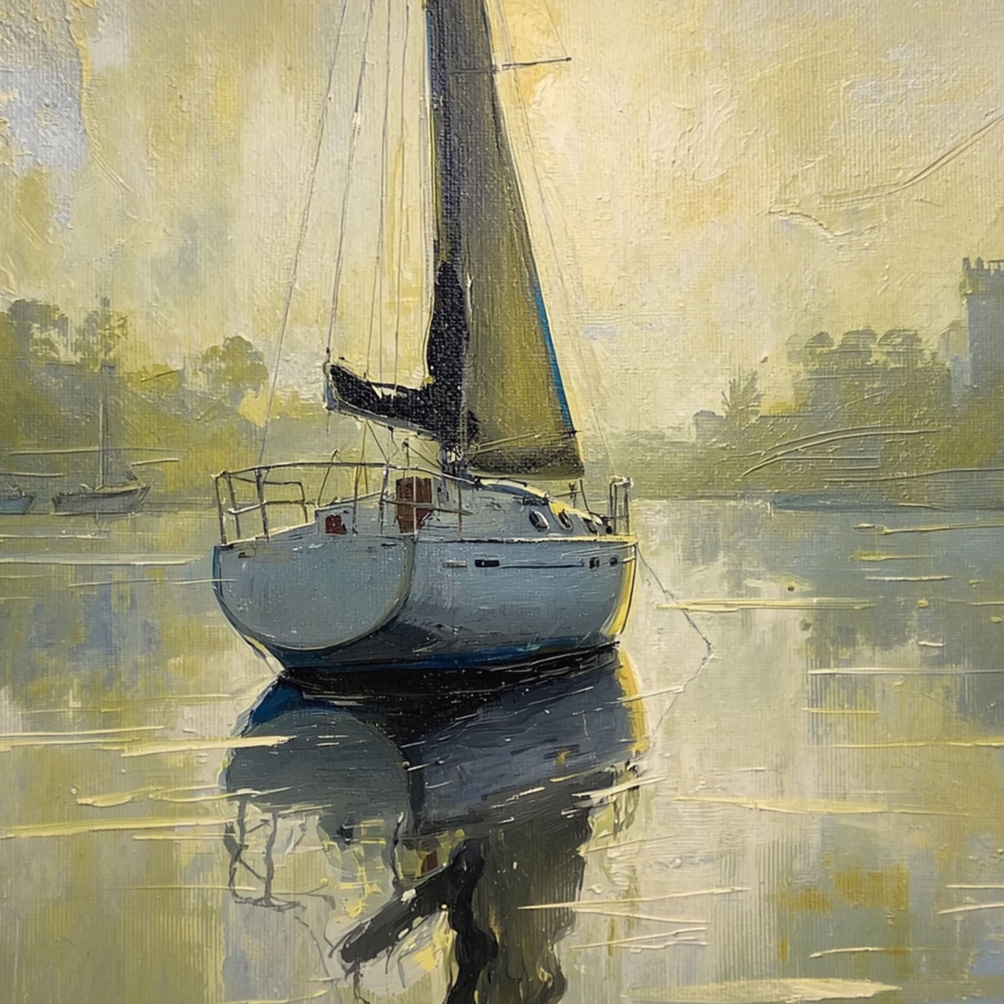 Zeilboot Schilderij – Witte Zeilboot op Mistig Spiegelend Water