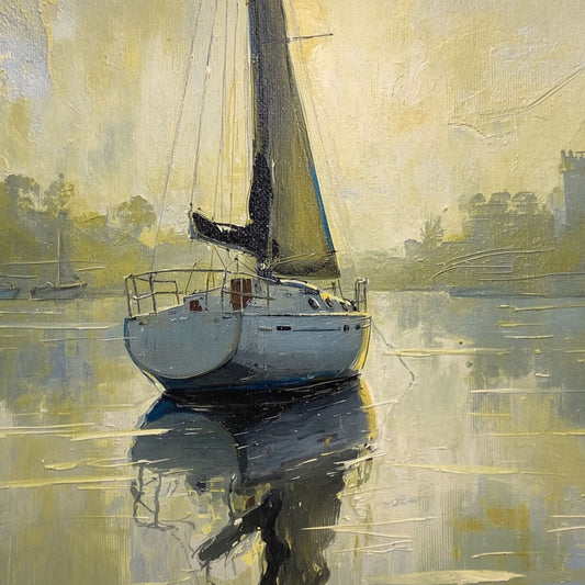 Zeilboot Schilderij – Witte Zeilboot op Mistig Spiegelend Water