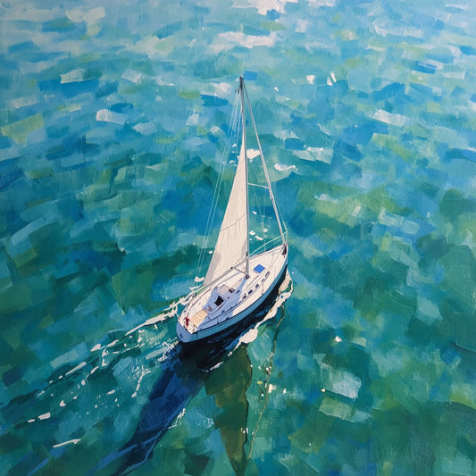 Zeilboot Schilderij – Witte Zeilboot op Fonkelend Turquoise Zee