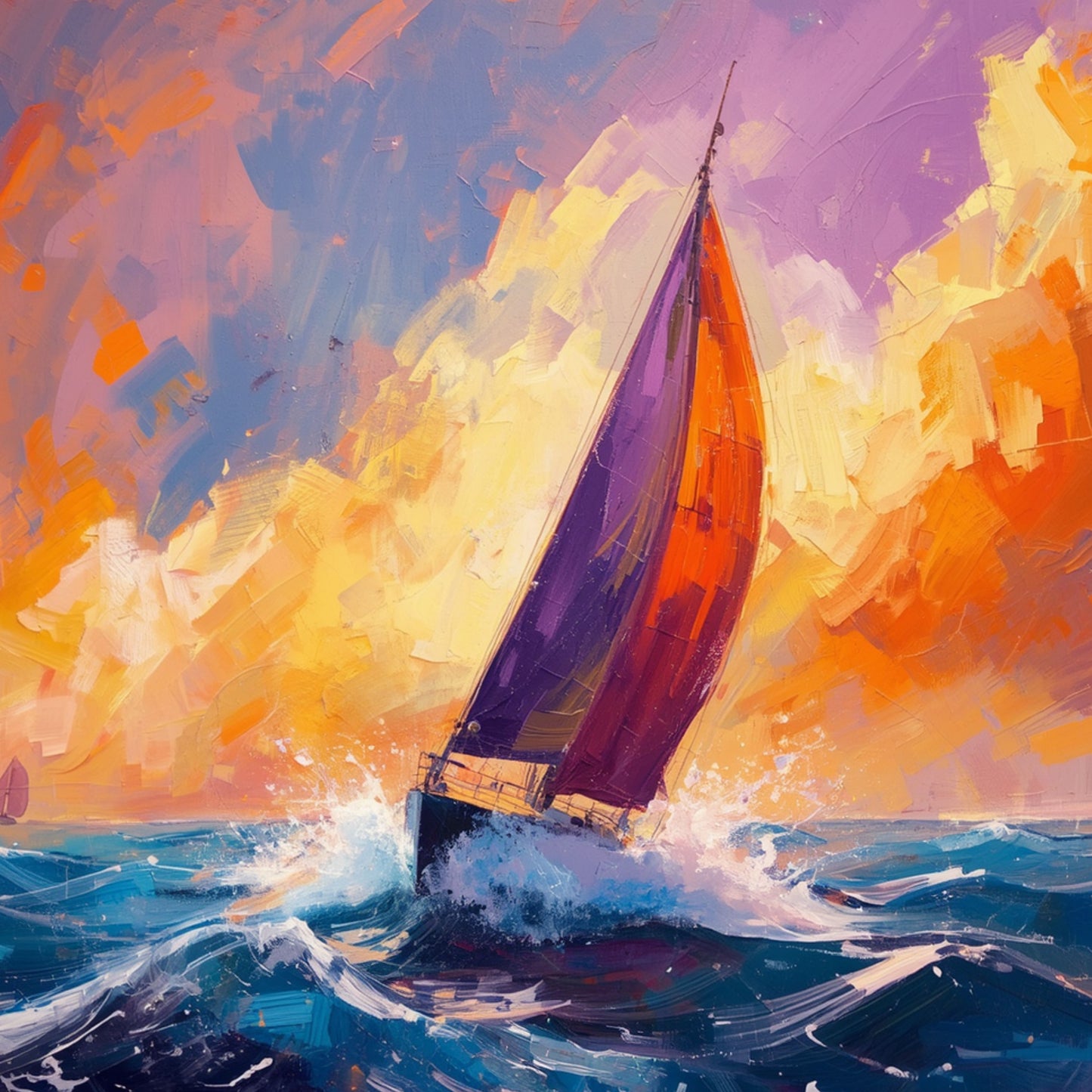 Zeilboot Schilderij – Paars Oranje Zeil op Woelige Zee bij Zonsondergang