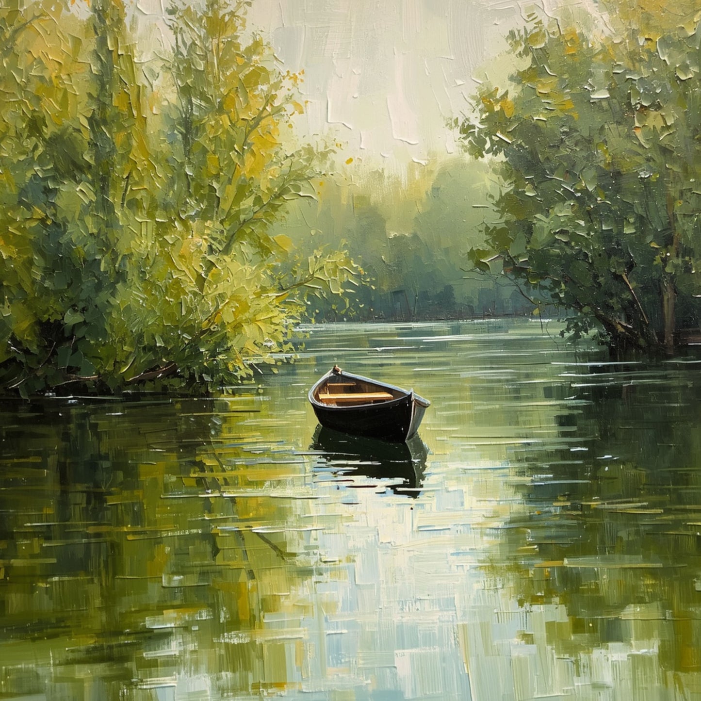 Roeiboot Schilderij – Eenzame Houten Boot op Stille Groene Bosrivier