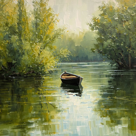 Roeiboot Schilderij – Eenzame Houten Boot op Stille Groene Bosrivier