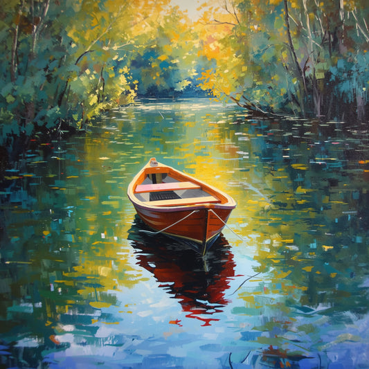 Roeiboot Schilderij – Rode Houten Boot op Betoverende Bosrivier