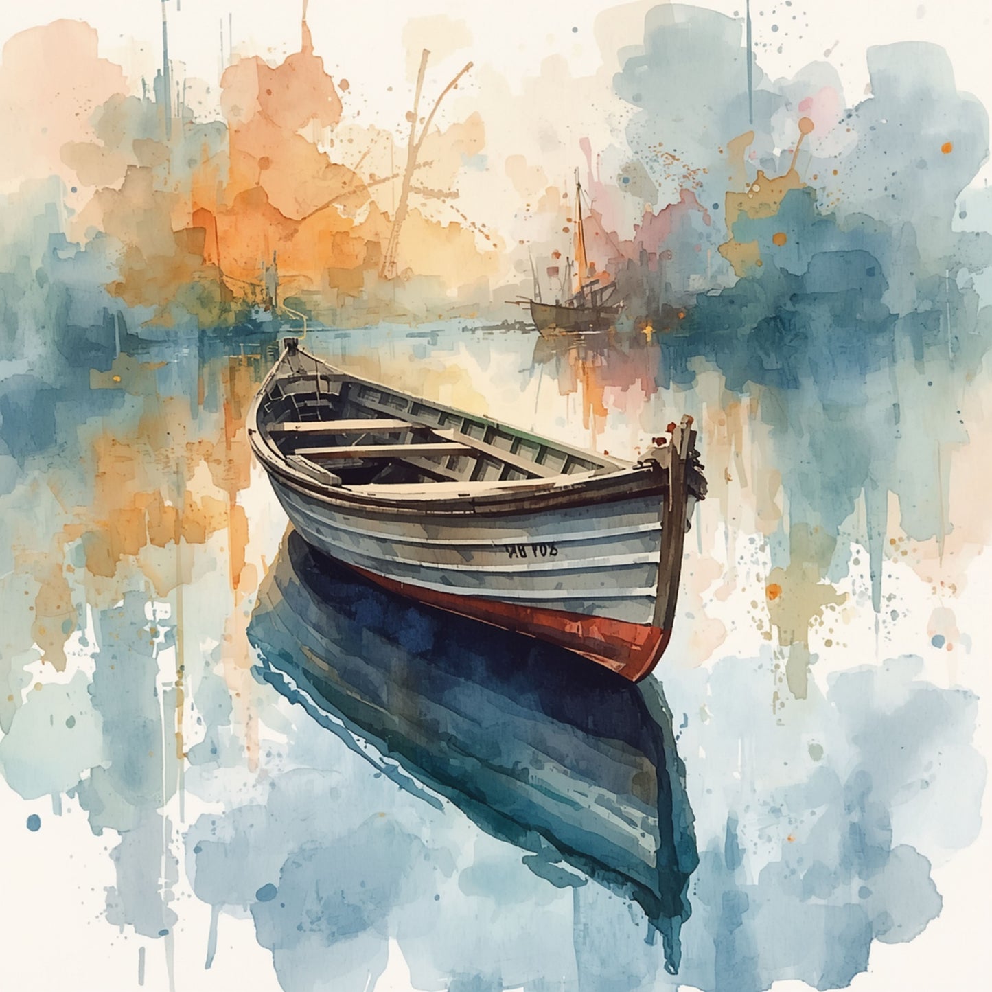 Roeiboot Schilderij – Houten Boot op Abstract Aquarel Haventafereel
