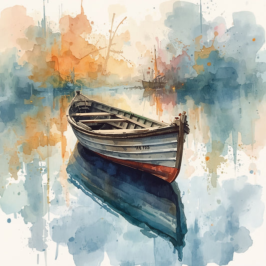 Roeiboot Schilderij – Houten Boot op Abstract Aquarel Haventafereel