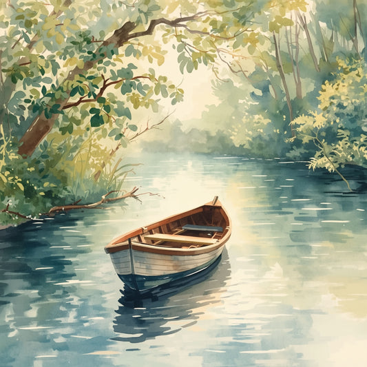 Roeiboot Schilderij – Houten Boot op Serene Bosrivier in Aquarel