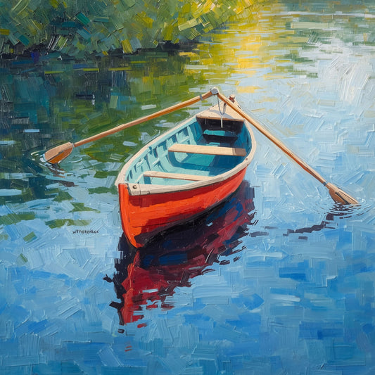 Roeiboot Schilderij – Rode Boot met Roeispanen op Spiegelend Boswater