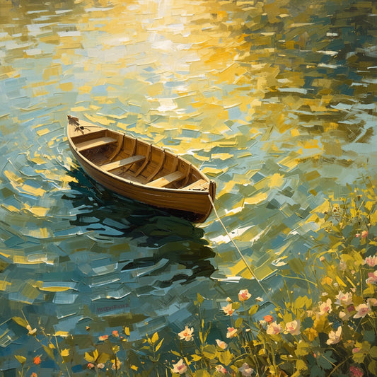 Roeiboot Schilderij – Gouden Houten Boot bij Bloeiende Oever