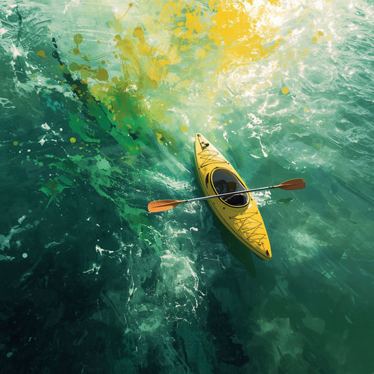 Kayak Schilderij – Gele Kayak op Turquoise Water Vanuit Vogelperspectief