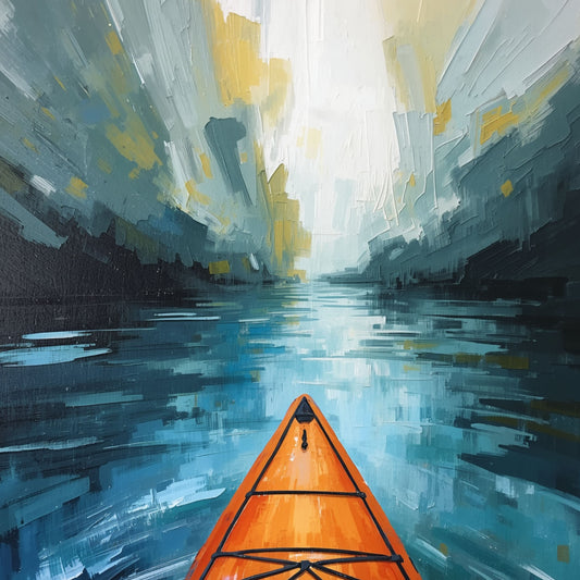 Kayak Schilderij – Oranje Kayak in Abstract Blauw Rotskanaal
