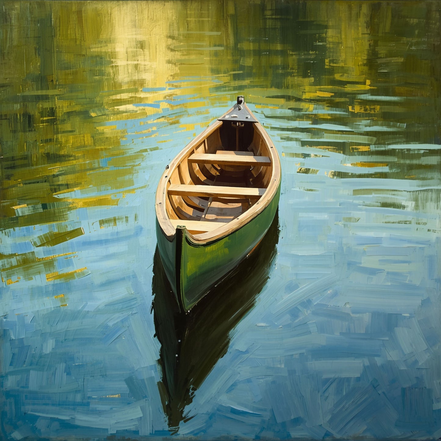 Kano Schilderij – Groene Houten Kano op Gouden Spiegelend Water