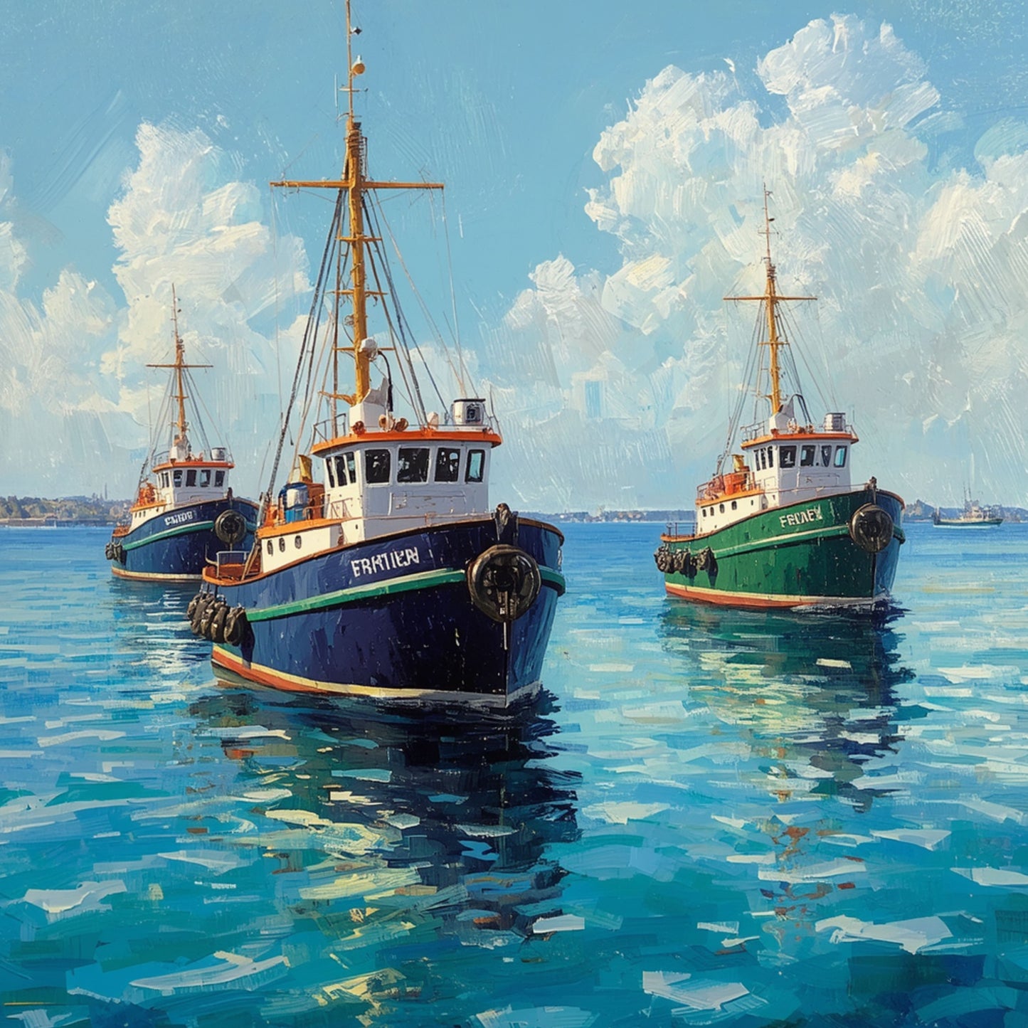 Vissersboot Schilderij – Drie Klassieke Schepen op Turquoise Haven