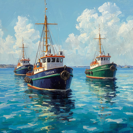 Vissersboot Schilderij – Drie Klassieke Schepen op Turquoise Haven