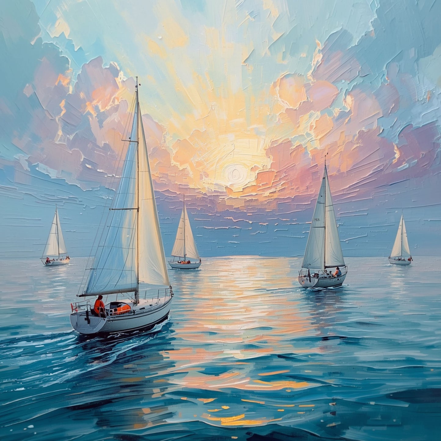Zeilboot Schilderij – Vijf Zeilboten op Gouden Zee bij Zonsondergang