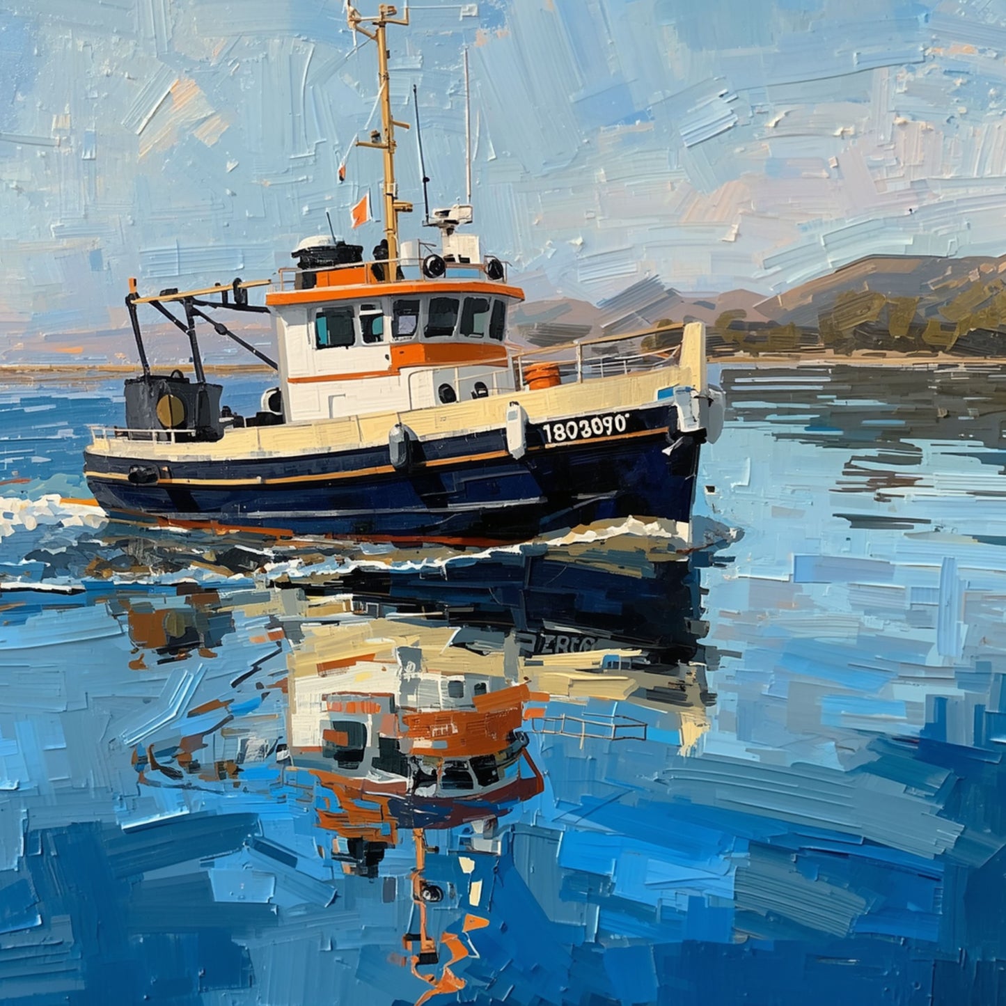 Vissersboot Schilderij – Klassiek Blauw Schip op Spiegelend Havenwater