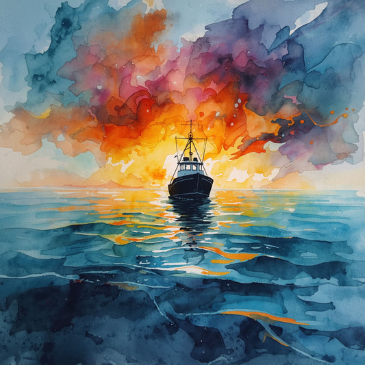Vissersboot Schilderij – Silhouet op Vurige Zonsondergang op Zee
